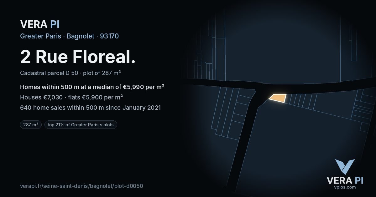 2 Rue Floreal, Bagnolet at night – the plot lit, the parcels around coloured by the prices near them