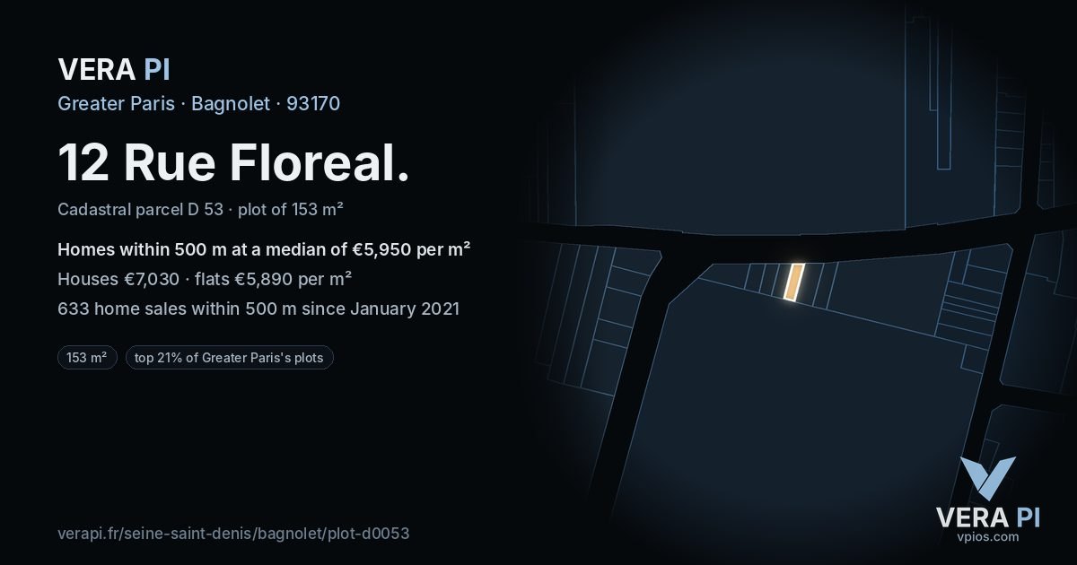 12 Rue Floreal, Bagnolet at night – the plot lit, the parcels around coloured by the prices near them