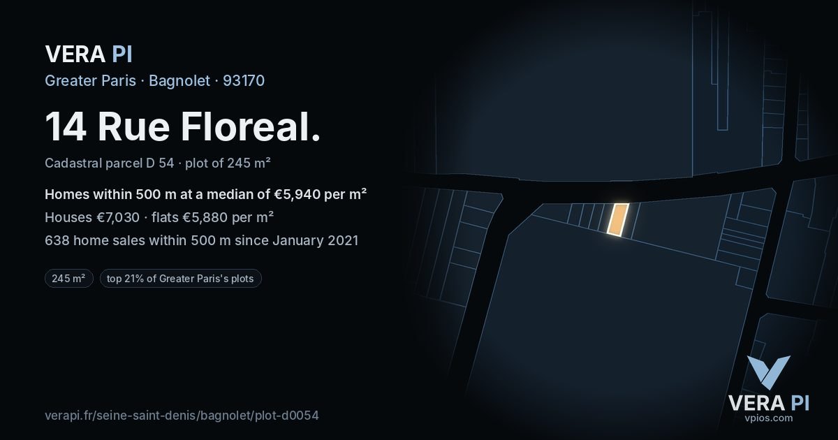 14 Rue Floreal, Bagnolet at night – the plot lit, the parcels around coloured by the prices near them
