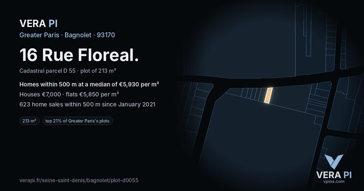 16 Rue Floreal, Bagnolet at night – the plot lit, the parcels around coloured by the prices near them