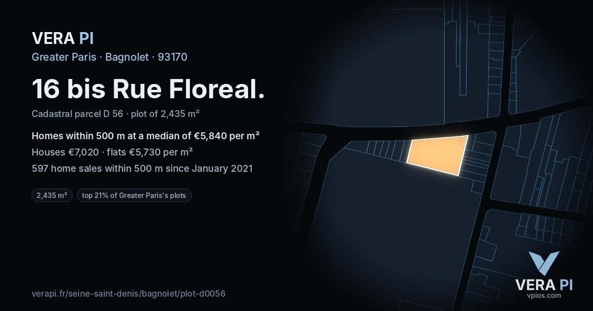 16 bis Rue Floreal, Bagnolet at night – the plot lit, the parcels around coloured by the prices near them