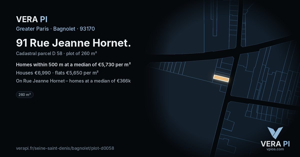91 Rue Jeanne Hornet, Bagnolet at night – the plot lit, the parcels around coloured by the prices near them