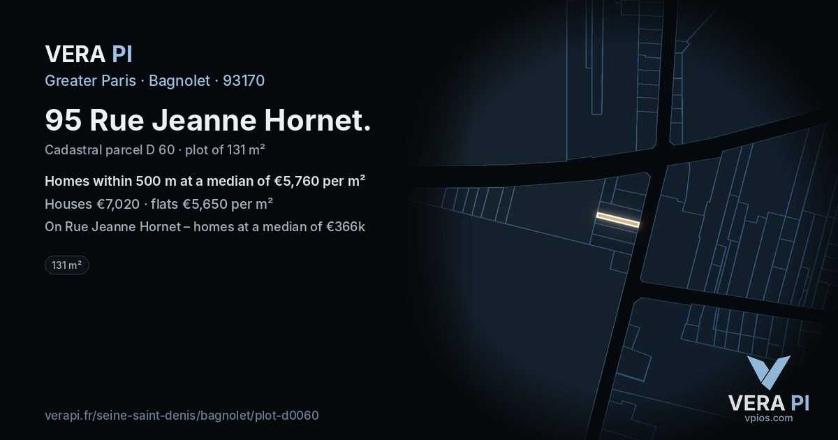 95 Rue Jeanne Hornet, Bagnolet at night – the plot lit, the parcels around coloured by the prices near them
