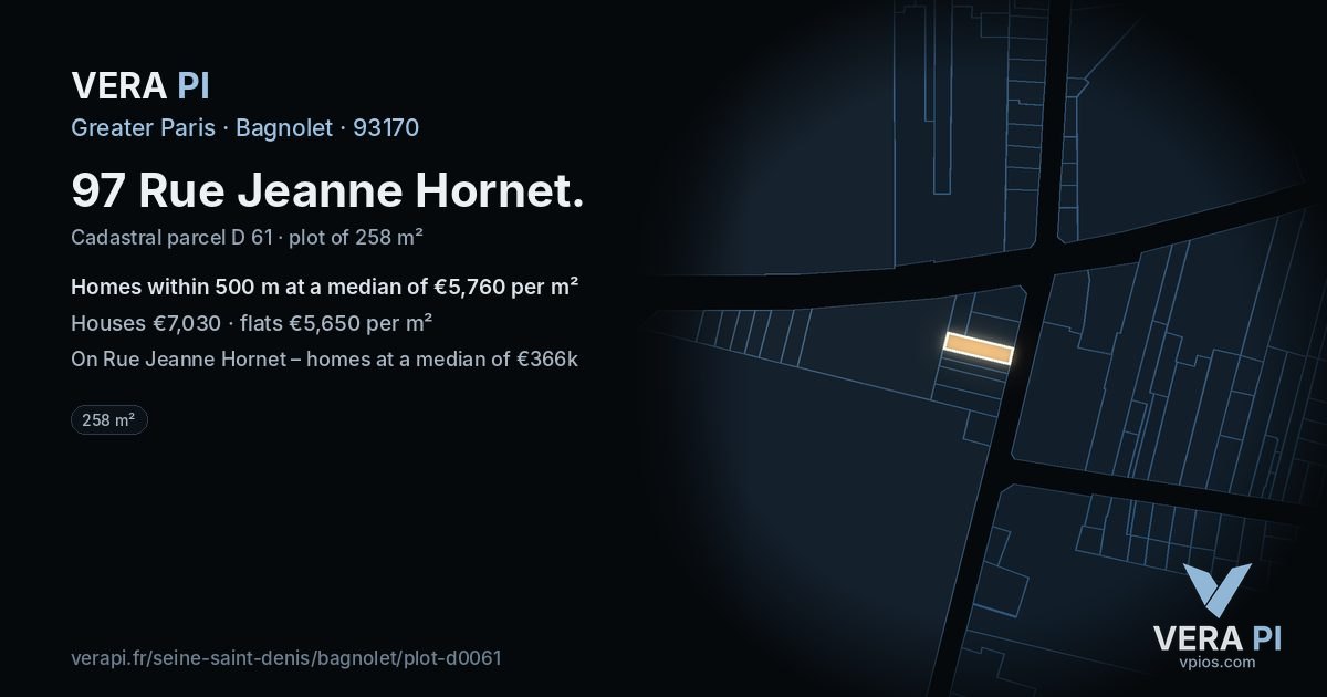 97 Rue Jeanne Hornet, Bagnolet at night – the plot lit, the parcels around coloured by the prices near them