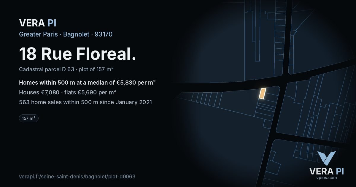 18 Rue Floreal, Bagnolet at night – the plot lit, the parcels around coloured by the prices near them