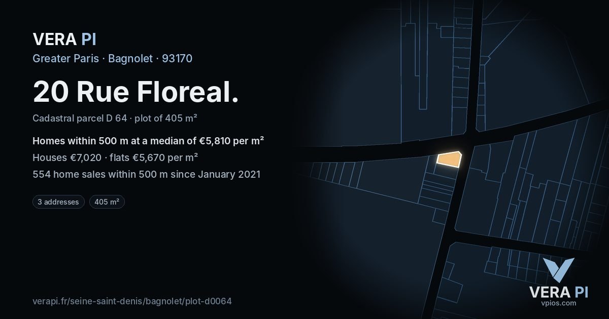 20 Rue Floreal, Bagnolet at night – the plot lit, the parcels around coloured by the prices near them