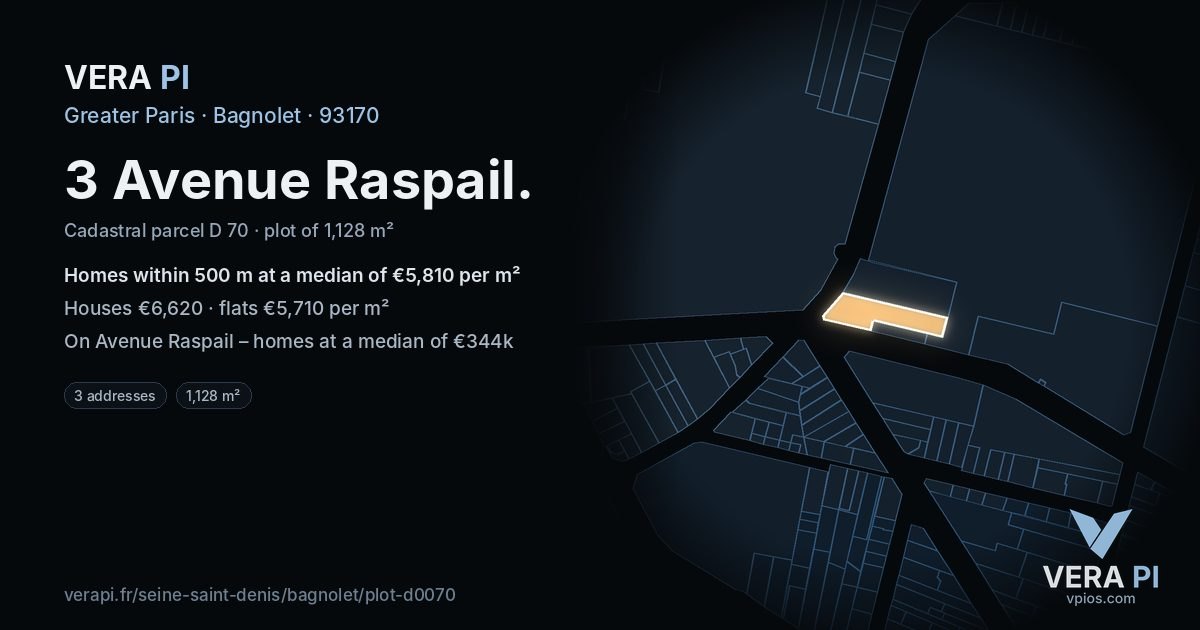 3 Avenue Raspail, Bagnolet at night – the plot lit, the parcels around coloured by the prices near them