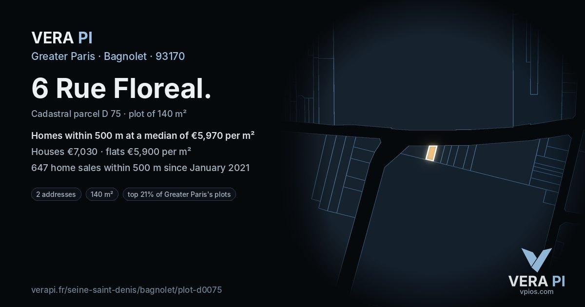 6 Rue Floreal, Bagnolet at night – the plot lit, the parcels around coloured by the prices near them
