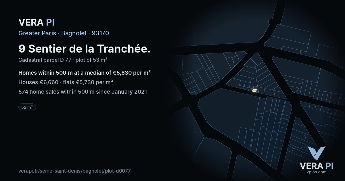 9 Sentier de la Tranchée, Bagnolet at night – the plot lit, the parcels around coloured by the prices near them