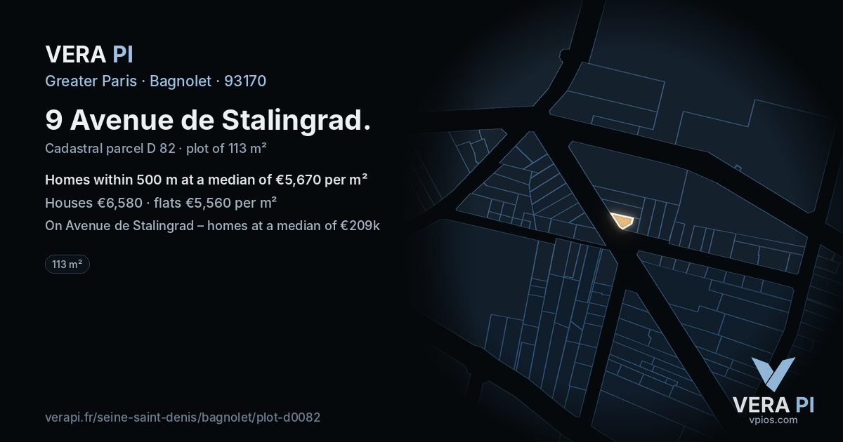 9 Avenue de Stalingrad, Bagnolet at night – the plot lit, the parcels around coloured by the prices near them