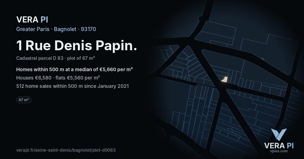 1 Rue Denis Papin, Bagnolet at night – the plot lit, the parcels around coloured by the prices near them