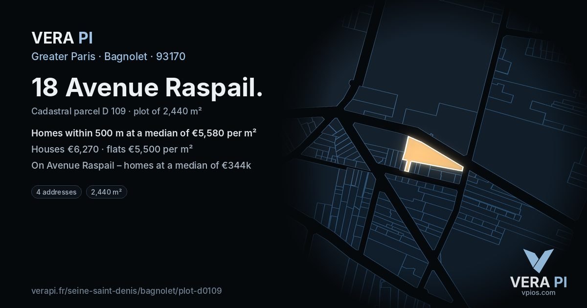 18 Avenue Raspail, Bagnolet at night – the plot lit, the parcels around coloured by the prices near them