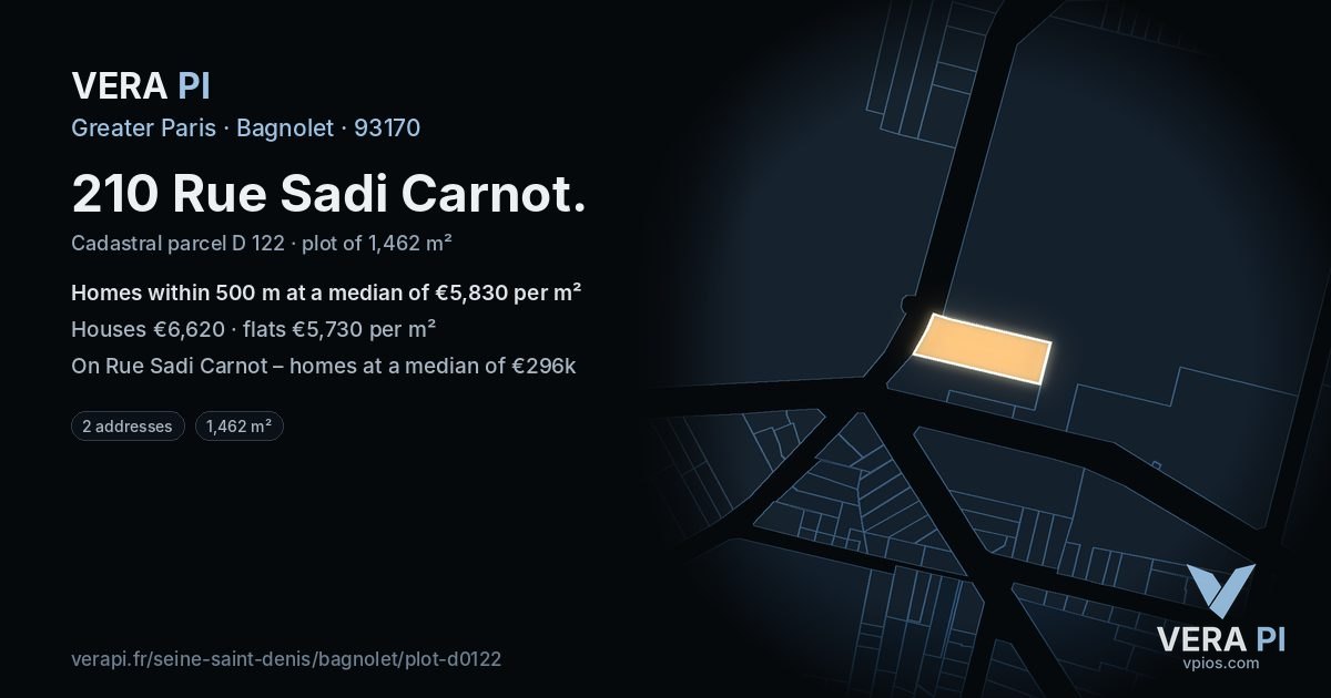 210 Rue Sadi Carnot, Bagnolet at night – the plot lit, the parcels around coloured by the prices near them