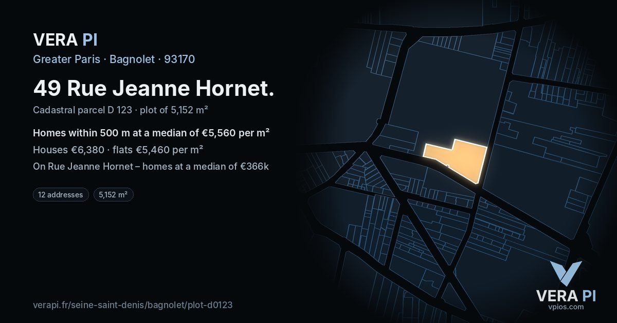 49 Rue Jeanne Hornet, Bagnolet at night – the plot lit, the parcels around coloured by the prices near them