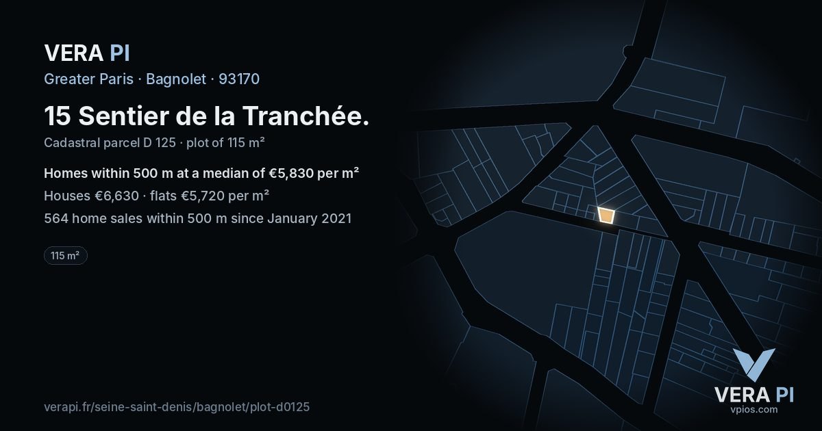 15 Sentier de la Tranchée, Bagnolet at night – the plot lit, the parcels around coloured by the prices near them