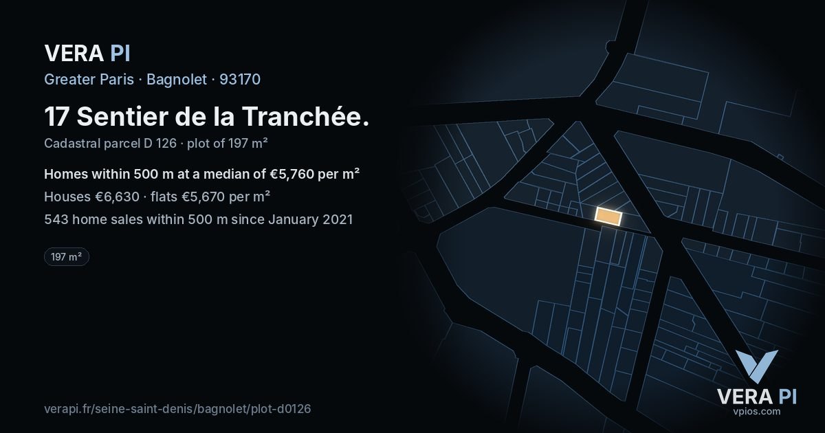 17 Sentier de la Tranchée, Bagnolet at night – the plot lit, the parcels around coloured by the prices near them
