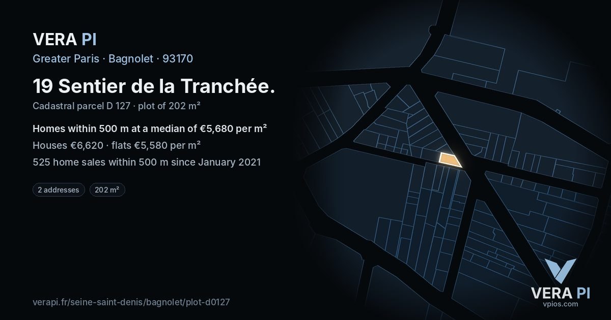 19 Sentier de la Tranchée, Bagnolet at night – the plot lit, the parcels around coloured by the prices near them