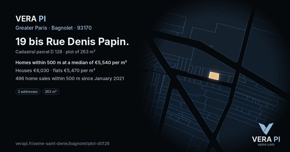 19 bis Rue Denis Papin, Bagnolet at night – the plot lit, the parcels around coloured by the prices near them