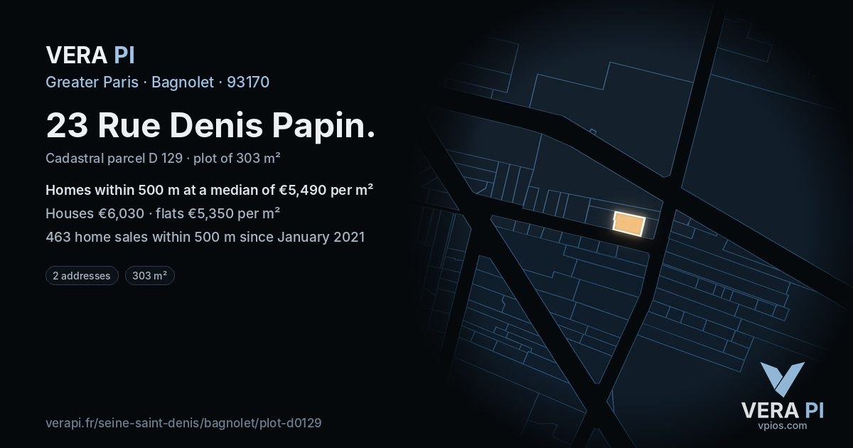 23 Rue Denis Papin, Bagnolet at night – the plot lit, the parcels around coloured by the prices near them
