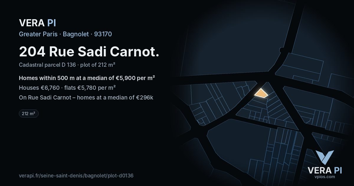 204 Rue Sadi Carnot, Bagnolet at night – the plot lit, the parcels around coloured by the prices near them