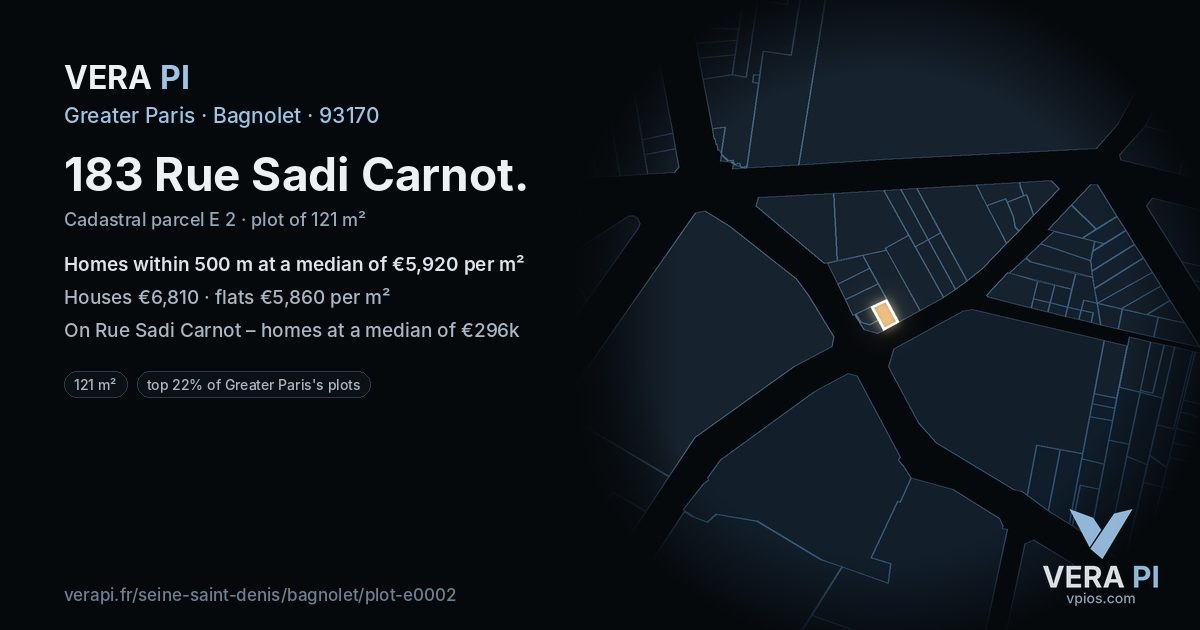 183 Rue Sadi Carnot, Bagnolet at night – the plot lit, the parcels around coloured by the prices near them