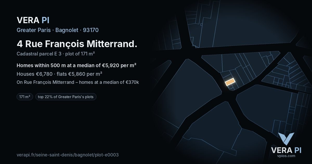 4 Rue François Mitterrand, Bagnolet at night – the plot lit, the parcels around coloured by the prices near them