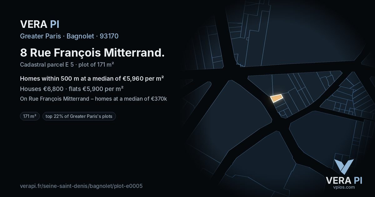 8 Rue François Mitterrand, Bagnolet at night – the plot lit, the parcels around coloured by the prices near them