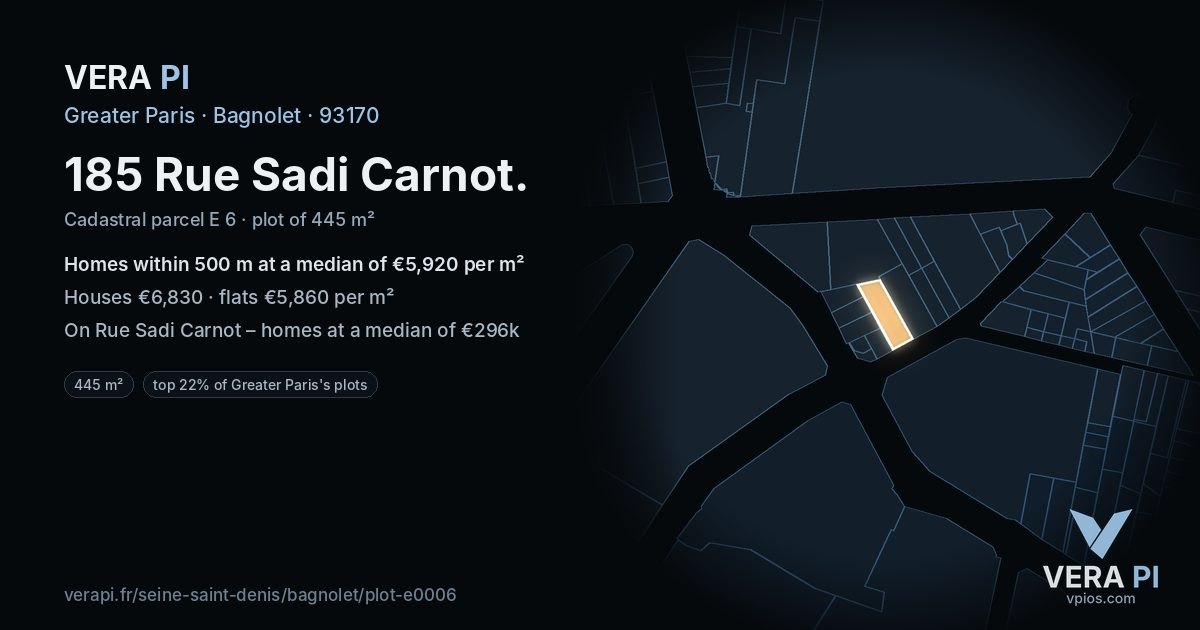 185 Rue Sadi Carnot, Bagnolet at night – the plot lit, the parcels around coloured by the prices near them