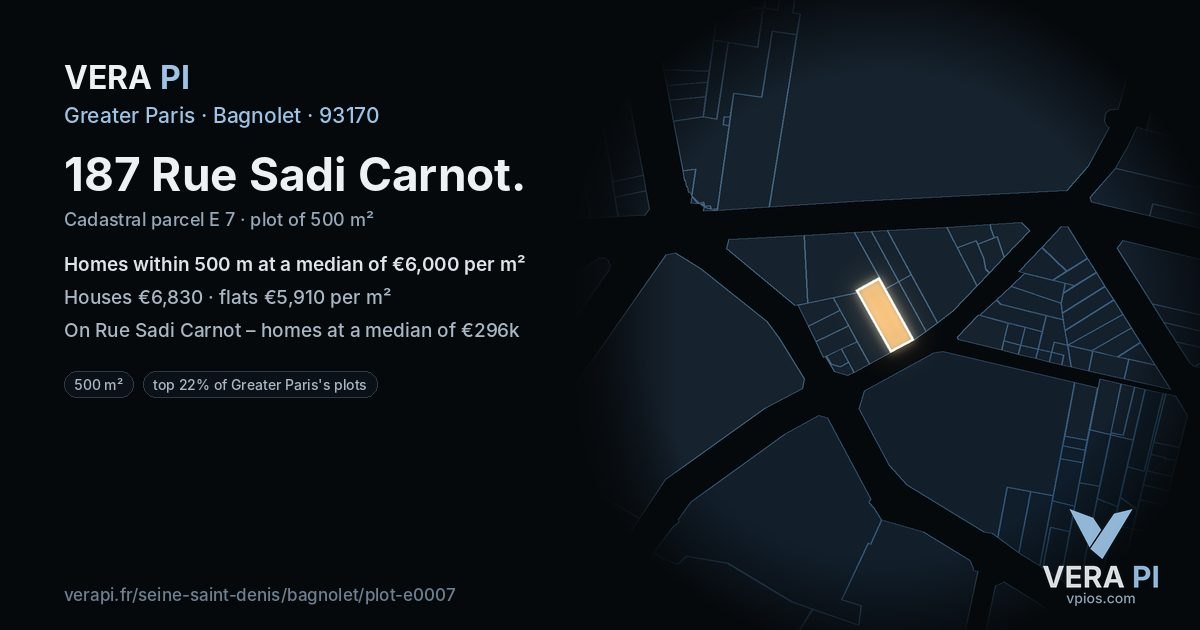 187 Rue Sadi Carnot, Bagnolet at night – the plot lit, the parcels around coloured by the prices near them