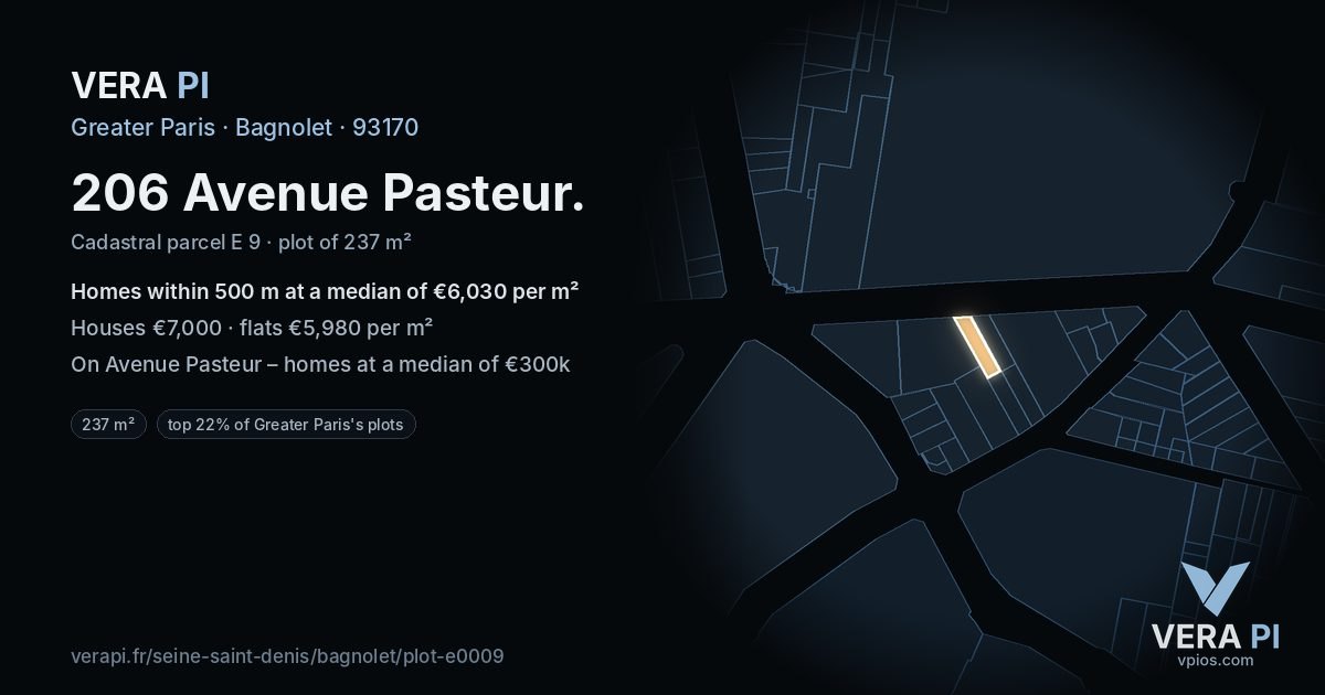 206 Avenue Pasteur, Bagnolet at night – the plot lit, the parcels around coloured by the prices near them