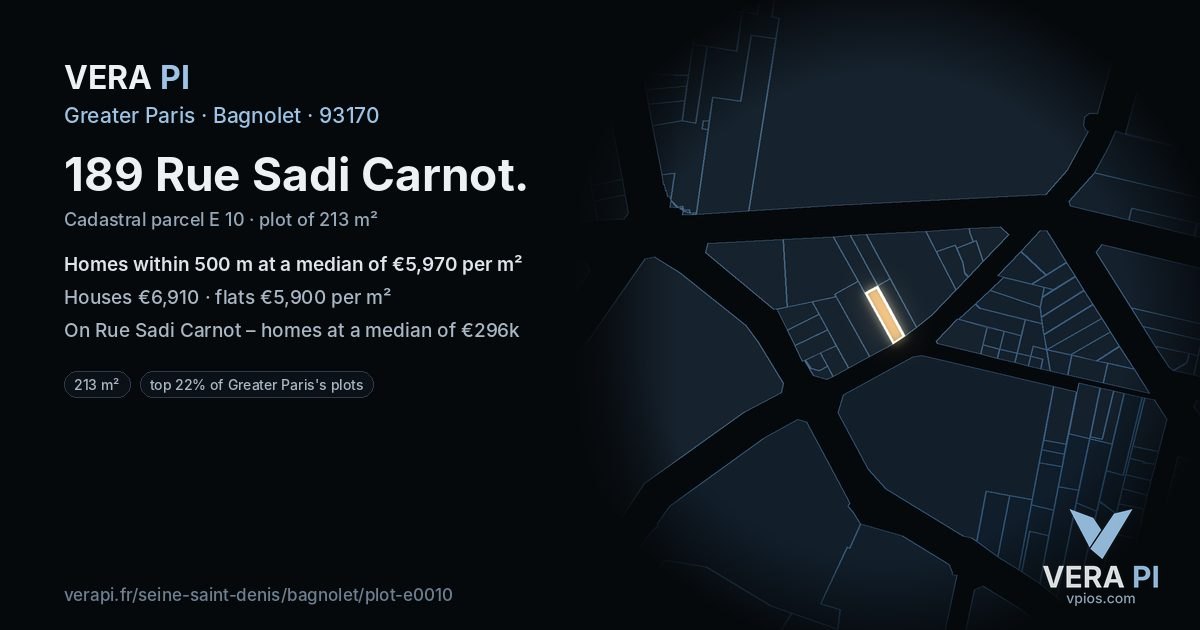 189 Rue Sadi Carnot, Bagnolet at night – the plot lit, the parcels around coloured by the prices near them