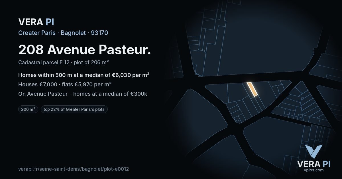 208 Avenue Pasteur, Bagnolet at night – the plot lit, the parcels around coloured by the prices near them