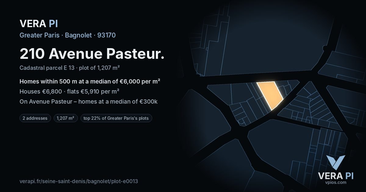 210 Avenue Pasteur, Bagnolet at night – the plot lit, the parcels around coloured by the prices near them