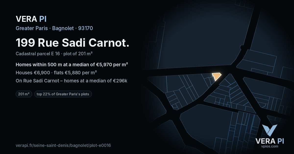 199 Rue Sadi Carnot, Bagnolet at night – the plot lit, the parcels around coloured by the prices near them