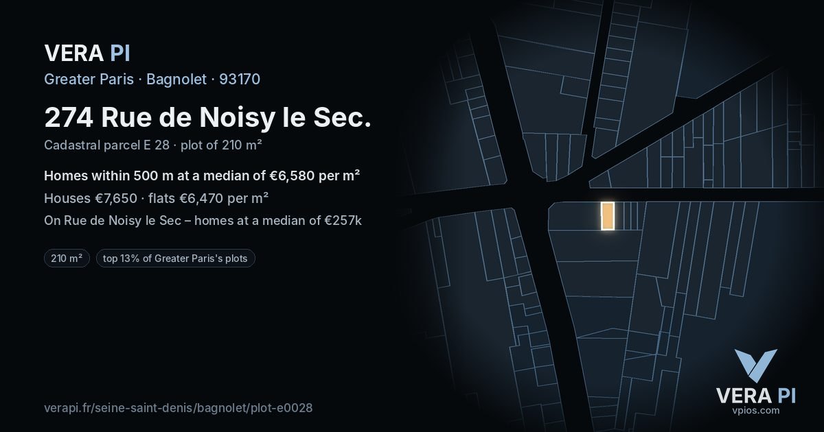 274 Rue de Noisy le Sec, Bagnolet at night – the plot lit, the parcels around coloured by the prices near them