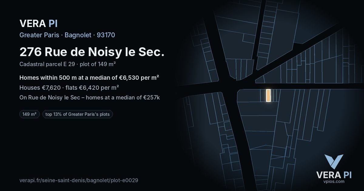 276 Rue de Noisy le Sec, Bagnolet at night – the plot lit, the parcels around coloured by the prices near them
