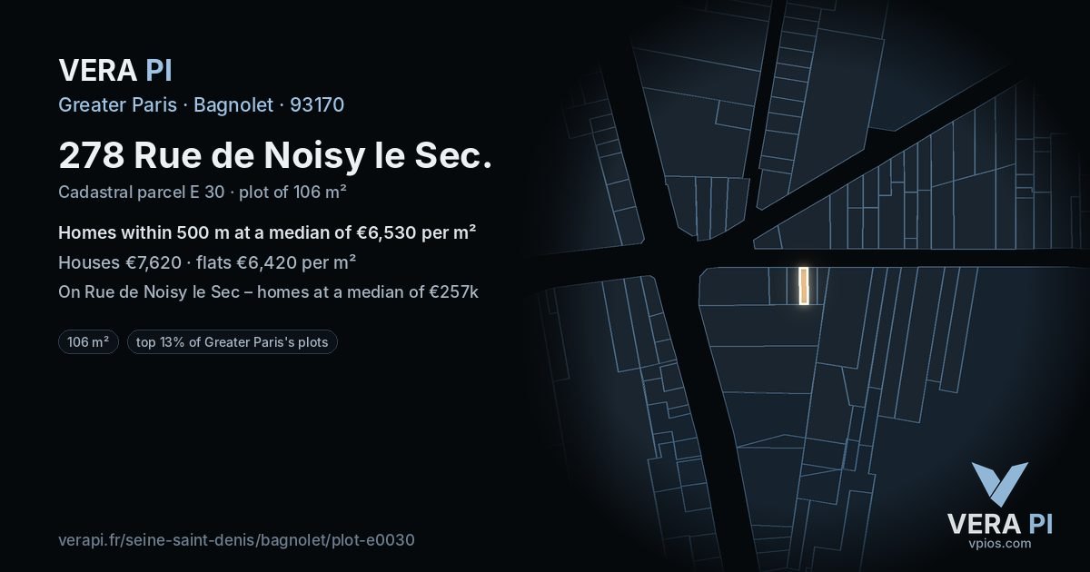 278 Rue de Noisy le Sec, Bagnolet at night – the plot lit, the parcels around coloured by the prices near them