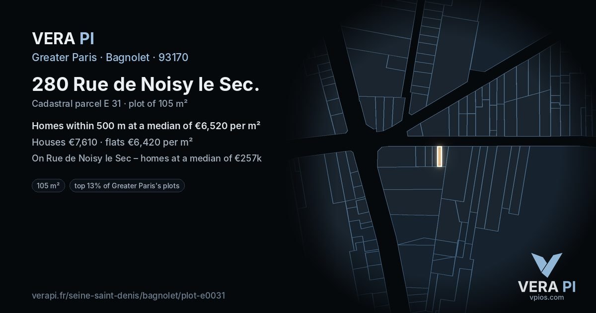 280 Rue de Noisy le Sec, Bagnolet at night – the plot lit, the parcels around coloured by the prices near them