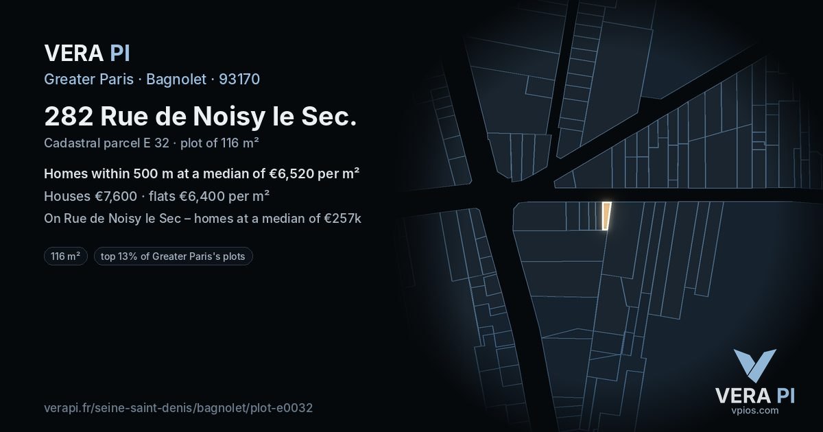 282 Rue de Noisy le Sec, Bagnolet at night – the plot lit, the parcels around coloured by the prices near them
