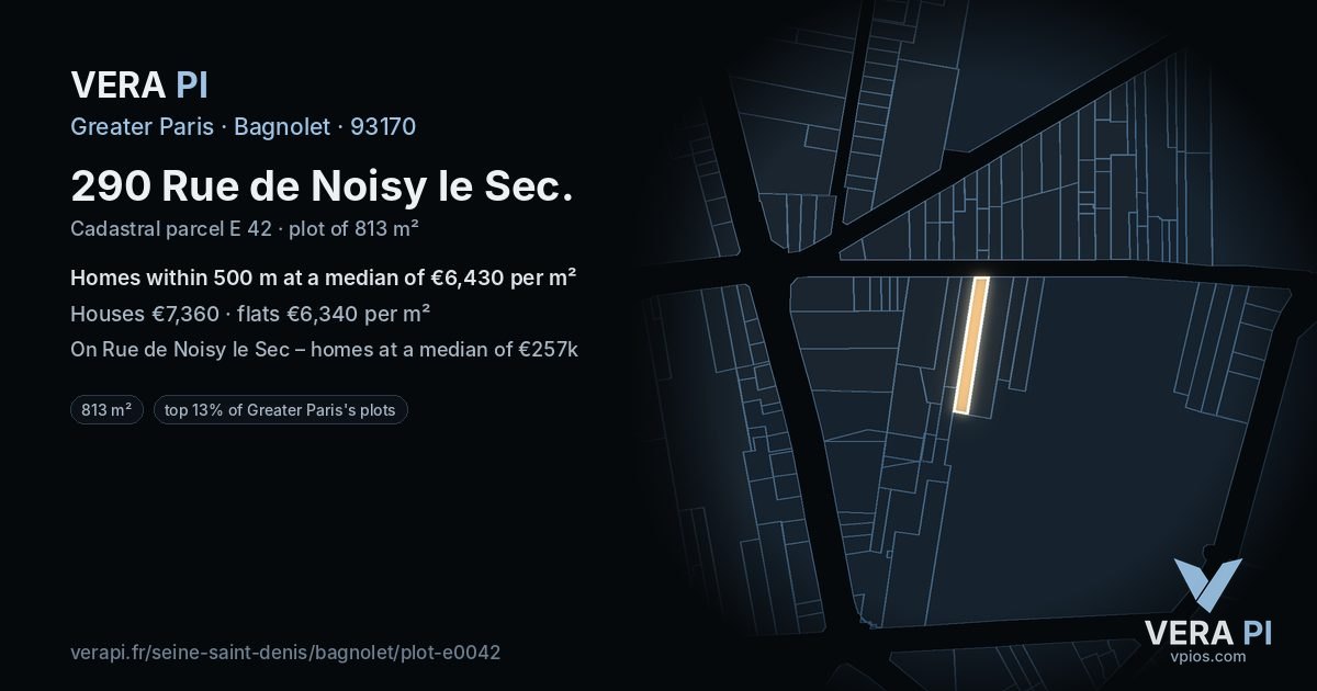 290 Rue de Noisy le Sec, Bagnolet at night – the plot lit, the parcels around coloured by the prices near them