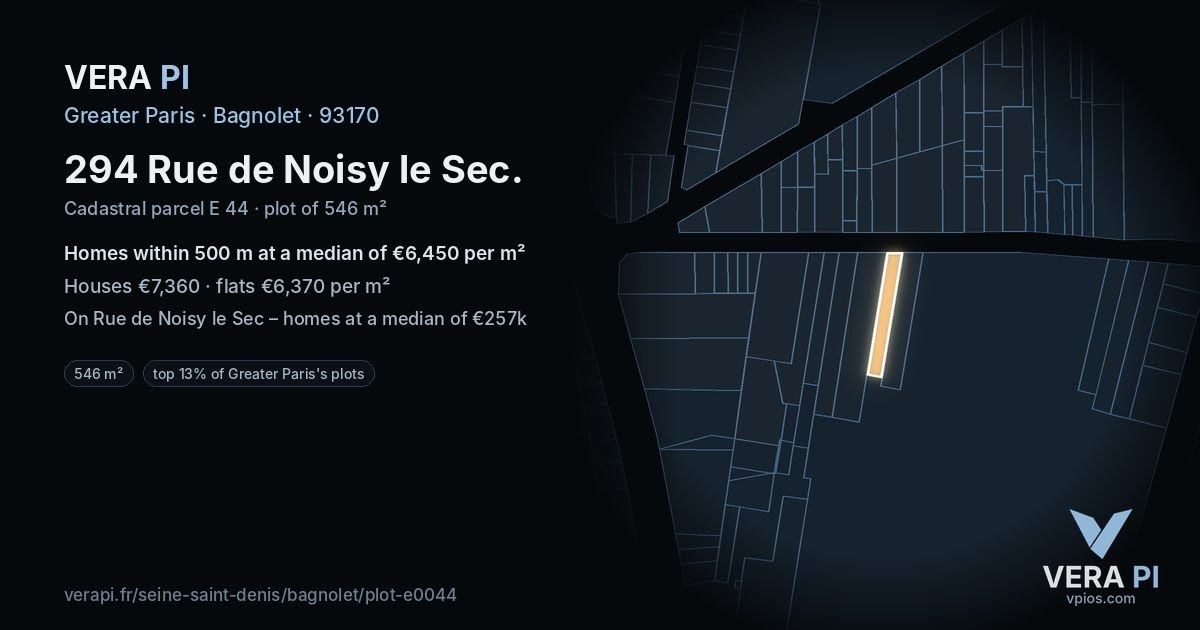 294 Rue de Noisy le Sec, Bagnolet at night – the plot lit, the parcels around coloured by the prices near them