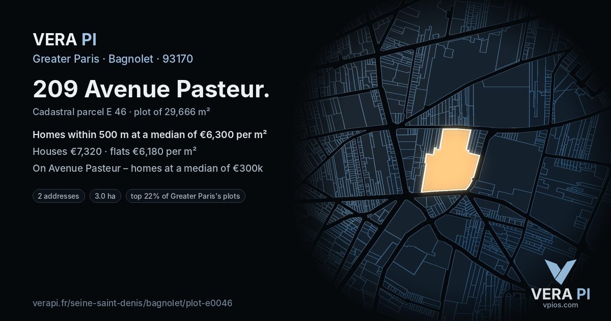 209 Avenue Pasteur, Bagnolet at night – the plot lit, the parcels around coloured by the prices near them