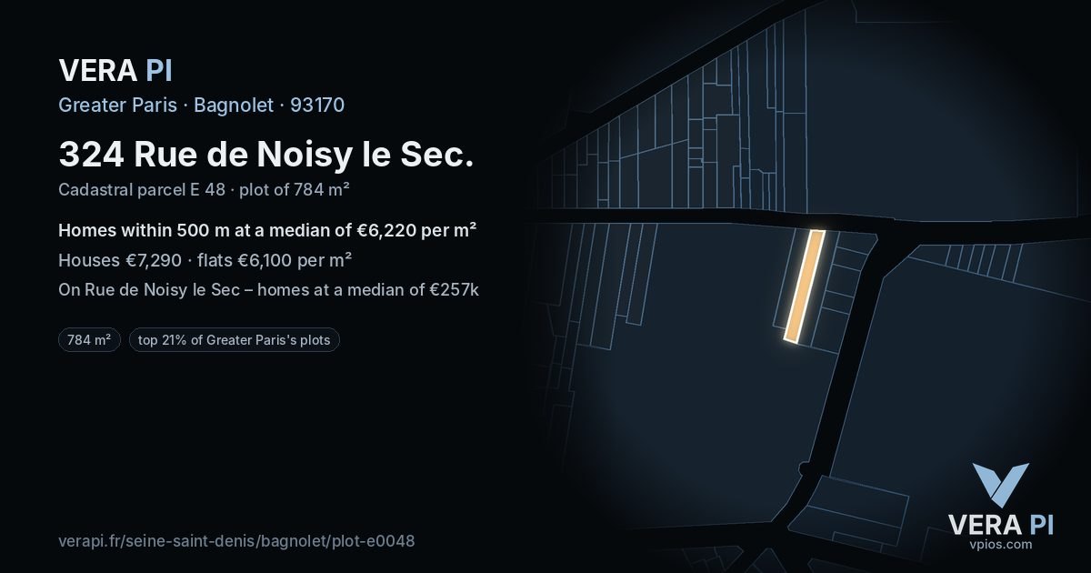 324 Rue de Noisy le Sec, Bagnolet at night – the plot lit, the parcels around coloured by the prices near them