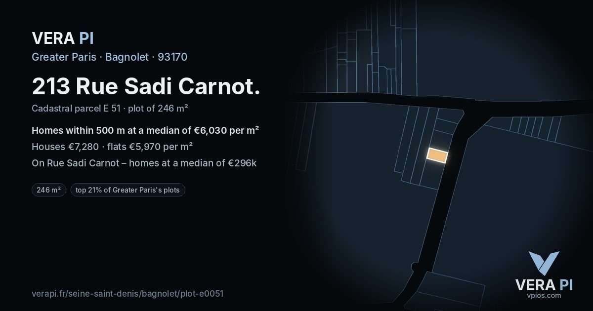 213 Rue Sadi Carnot, Bagnolet at night – the plot lit, the parcels around coloured by the prices near them