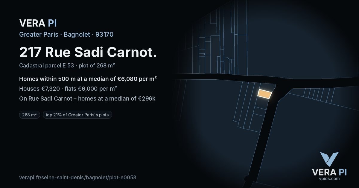 217 Rue Sadi Carnot, Bagnolet at night – the plot lit, the parcels around coloured by the prices near them
