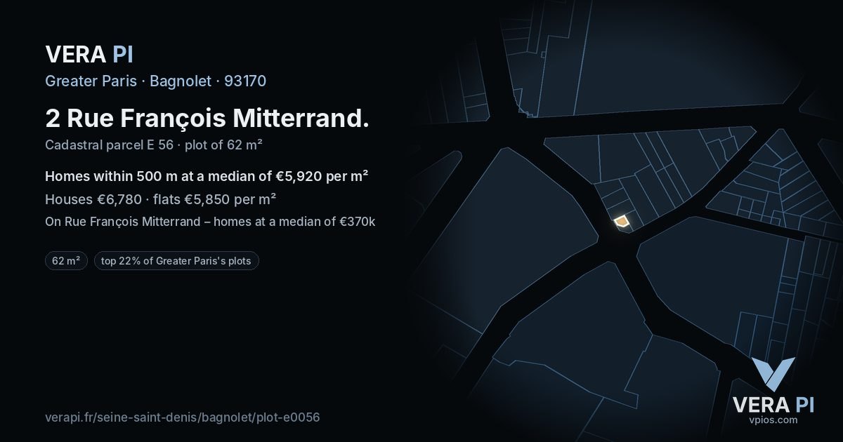 2 Rue François Mitterrand, Bagnolet at night – the plot lit, the parcels around coloured by the prices near them