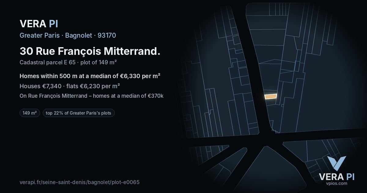 30 Rue François Mitterrand, Bagnolet at night – the plot lit, the parcels around coloured by the prices near them