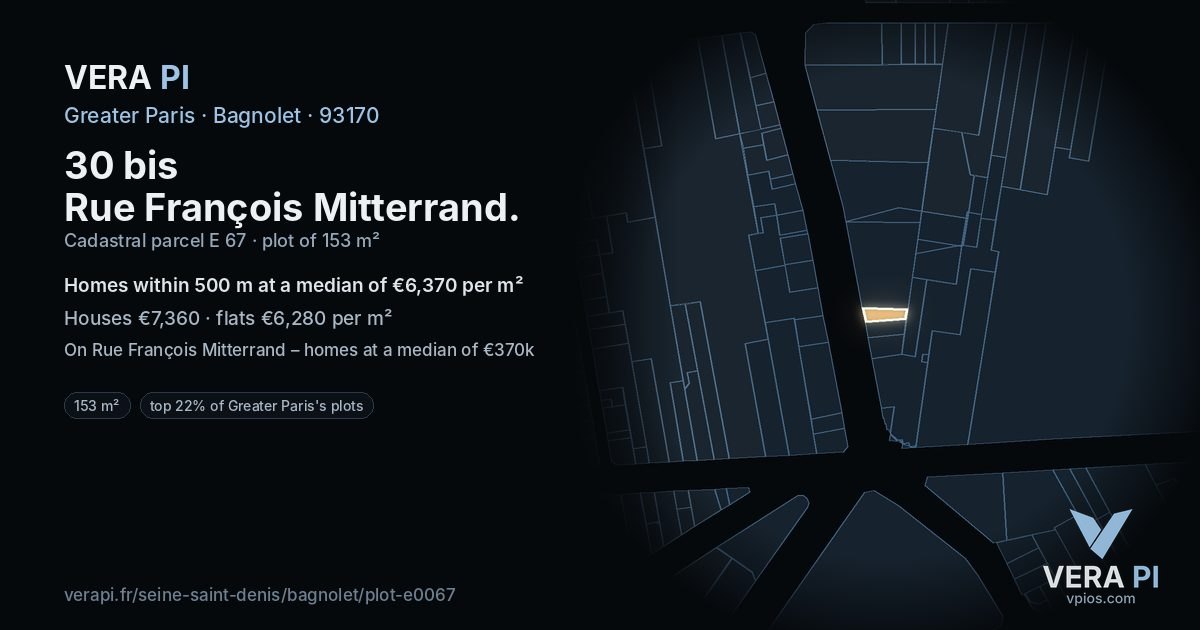 30 bis Rue François Mitterrand, Bagnolet at night – the plot lit, the parcels around coloured by the prices near them