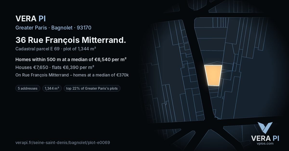 36 Rue François Mitterrand, Bagnolet at night – the plot lit, the parcels around coloured by the prices near them