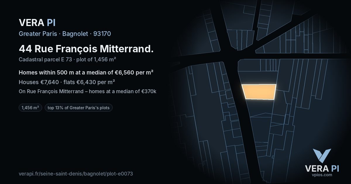 44 Rue François Mitterrand, Bagnolet at night – the plot lit, the parcels around coloured by the prices near them